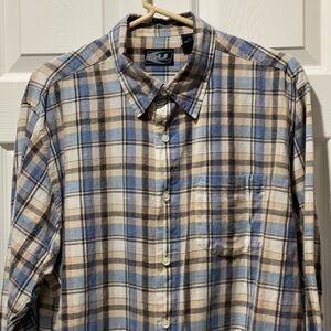 Comfortable Blue, Tan, Black & Cream Casual Button Down Shirt Plaid Pattern XL